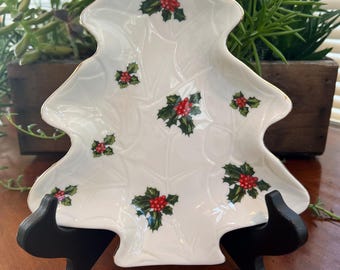 Vintage Lefton Christmas Tree( White)Shaped Dish in Holly Berry- 8 1/4” L