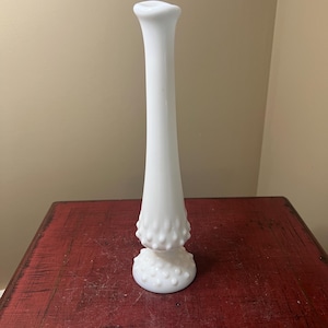 Vintage Fenton Milk Glass Hobnail Swung Bud Vase- 9 1/2” H