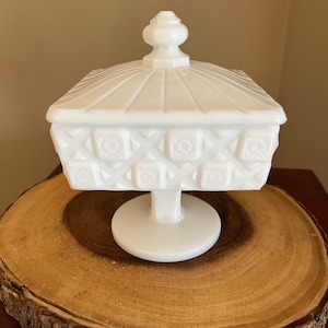 Vintage Westmoreland Milk Glass “Old Quilt” Square Lidded Pedestal Dish
