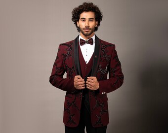 Plum Red Embroidered Tuxedo Jacket for men, Grooms wedding Jacket, Red Carpet jacket