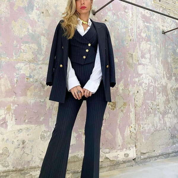 Navy Blue Pinstripe three piece suit for women. Formal Suits for women. Custom Three piece suit for women.