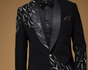 Black and silver glitter tuxedo. Black embroidered suit for men, Wedding suit for men, red carpet suit, prom suit, gala dinner jacket