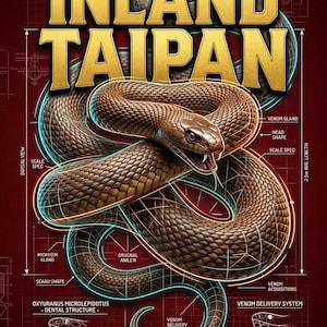 May include: A scientific poster featuring a brown Inland Taipan snake with a grid overlay and technical labels. The text reads Inland Taipan, 2.5m avg. length, 0.44mg LDso, and Oxyuranus microlepidotus. The design includes anatomical diagrams.