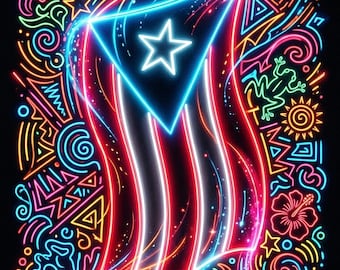 May include: A vibrant neon-style digital illustration featuring the Puerto Rican flag at the center, surrounded by glowing doodles including frogs, hibiscus flowers, suns, stars, and swirling patterns in bright blue, red, pink, and yellow.