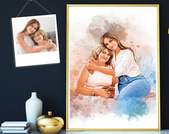 Mother daughter Painting Portrait from Photo, Watercolor Family Portrait, Custom Mother's Day Gift, Personalized Anniversary Gift for Mom