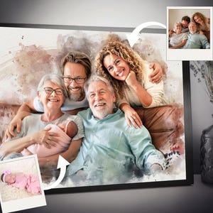 Retrato familiar multigeneracional personalizado a partir de fotos: acuarela digital con recién nacido