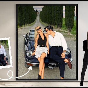 Christmas Gift Couple Portrait – Custom Car Illustration from Photo, Romantic Wall Art for Him or Her, Luxury Anniversary Drawing