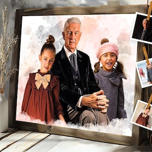 Personalized Watercolor Painting Of Loved Ones, Custom Commemorative Family Portrait From Photo, Thoughtful Bereavement Art Gift For Grandpa
