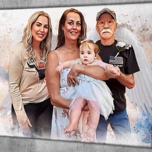Loss of Father-Mother, Memorial Portrait with Angel Wings and Halo, Watercolor Illustration Personalized Drawing Gift Idea for Grandma