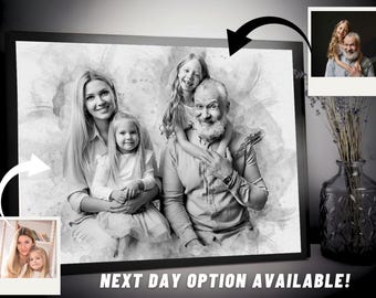 Pintura de acuarela personalizada de seres queridos, retrato familiar conmemorativo personalizado a partir de una foto, un regalo artístico de duelo para el abuelo.