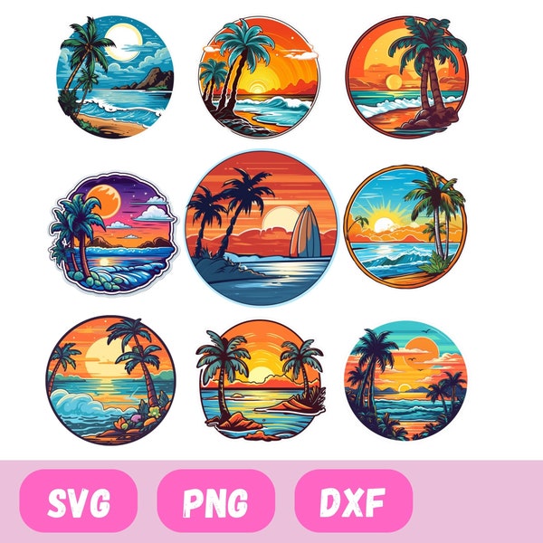 sunset beach png bundle, SUMMER clipart, retro sunset, ocean inspired style, family vacation, beach bundle, palm tree png, summer pics