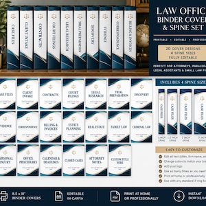 Puede incluir: Un conjunto digital de portadas y etiquetas de lomo para carpetas de bufetes de abogados, con fondo blanco, detalles de ondas en azul marino y dorado, y un icono de balanza. Incluye 20 diseños editables y 4 tamaños de lomo para carpetas.