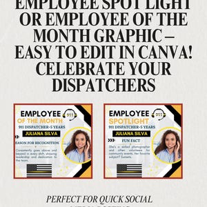 May include: A graphic for social media posts, featuring text that reads "READY-TO-POST EMPLOYEE SPOT LIGHT OR EMPLOYEE OF THE MONTH GRAPHIC." Includes two employee spotlights with photos and text about their achievements.