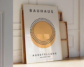 Póster amarillo de la exposición Bauhaus, arte mural geométrico abstracto (descarga digital)