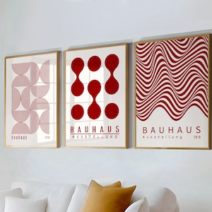 Red Bauhaus Wall Art Set of 3, Bauhaus Poster, Gallery Wall Art Set, Bauhaus Abstract Geometric Line Art Poster, Red Bauhaus Wall Decor