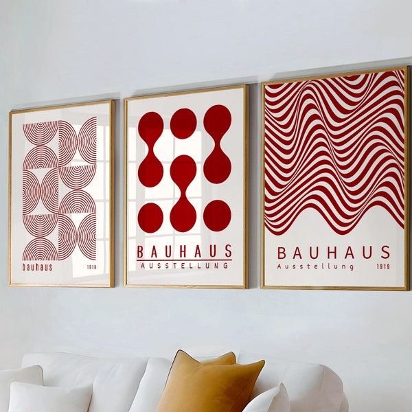 Red Bauhaus Wall Art Set of 3, Bauhaus Poster, Gallery Wall Art Set, Bauhaus Abstract Geometric Line Art Poster, Red Bauhaus Wall Decor