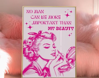 Lámina decorativa con cita sobre la belleza de una chica retro en color rosa, arte de pared moderno (digital)