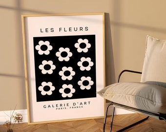 Póster artístico en blanco y negro para exposición floral (imprimible)