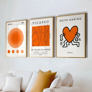 Orange Wall Art Set Of 3, Picasso Poster, K. Haring Poster, Bauhaus Poster, Digital Wall Art, Trendy Wall Art, Printable Wall Art Set Of 3