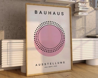 Póster retro de exposición con estampado geométrico Bauhaus en color rosa (impresión digital).