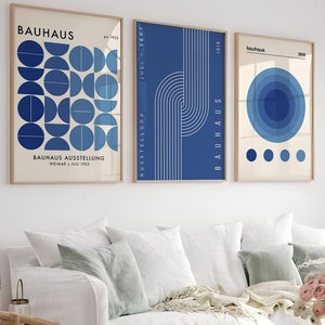 Blue Bauhaus Wall Art Set of 3, Bauhaus Exhibition Poster, Gallery Wall Art Set of 3, Bauhaus Prints, Retro Wall Art, Printable Wall Art