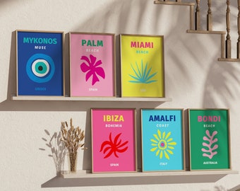 Colorful Travel Wall Art Print Set, Mykonos, Miami, Amalfi (Digital Download)