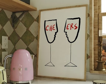 Lámina con diseño de vino Cin Cin, póster de brindis, decoración para carrito de bar (descarga digital)