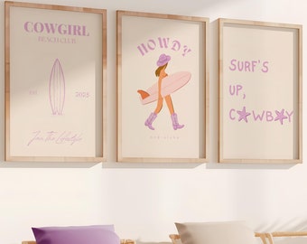 Conjunto de láminas decorativas moradas con el diseño "Howdy Cowgirl", decoración moderna para dormitorios (arte imprimible)