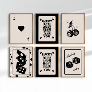 Trendy Retro Wall Art Set of 6, Black Ace Card Poster, Lucky You Poster, Retro Aesthetic Print, Funny Wall Art, Trendy Wall Art, Digital