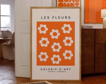 Póster de exposición floral naranja, arte mural retro para galería (imprimible)