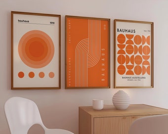 Conjunto de láminas Bauhaus en color naranja, arte mural retro para galerías (descarga digital)