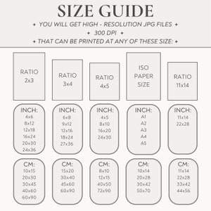 May include: A size guide chart with text and measurements in inches and centimetres. The chart includes ratios like 2x3, 3x4, 4x5, and 11x14, along with ISO paper sizes. It lists various print sizes, such as 4x6, 8x12, and 10x15 cm.