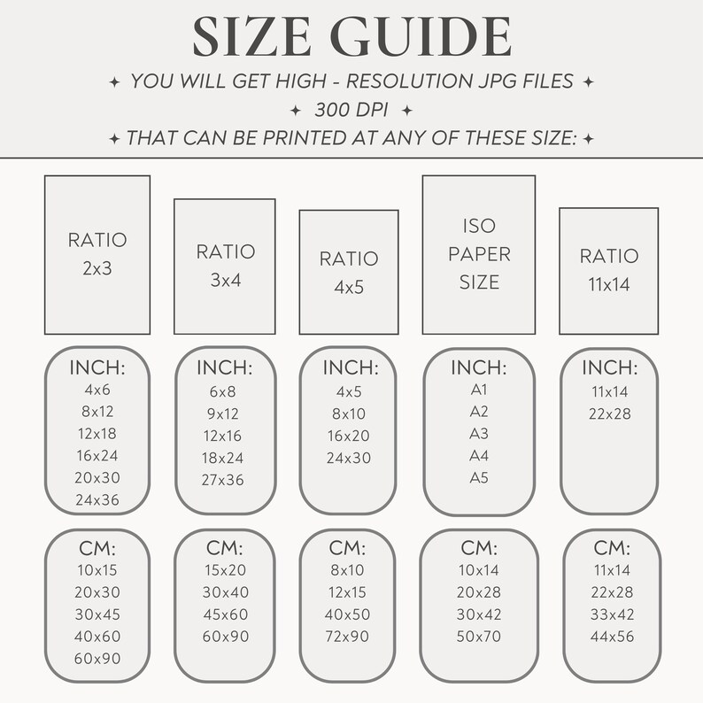 May include: A size guide chart with text and measurements in inches and centimetres. The chart includes ratios like 2x3, 3x4, 4x5, and 11x14, along with ISO paper sizes. It lists various print sizes, such as 4x6, 8x12, and 10x15 cm.