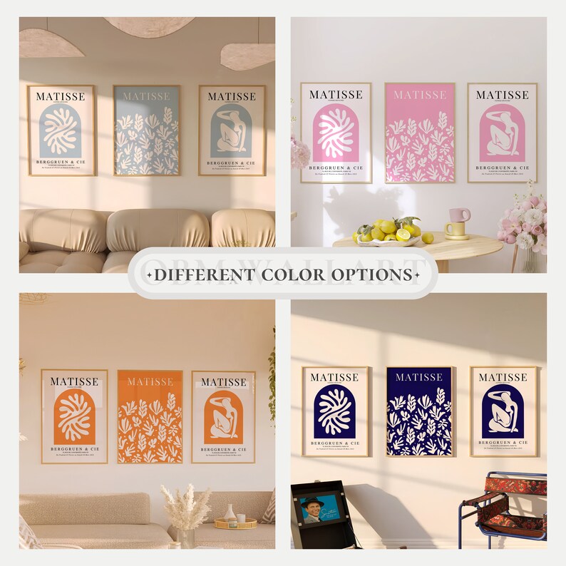 Puede incluir: Tres juegos de tres impresiones enmarcadas con un dise&ntilde;o inspirado en Matisse. Cada juego presenta el mismo dise&ntilde;o en diferentes combinaciones de colores: azul, rosa, naranja y azul marino. Las impresiones presentan una figura estilizada, hojas y un arco.