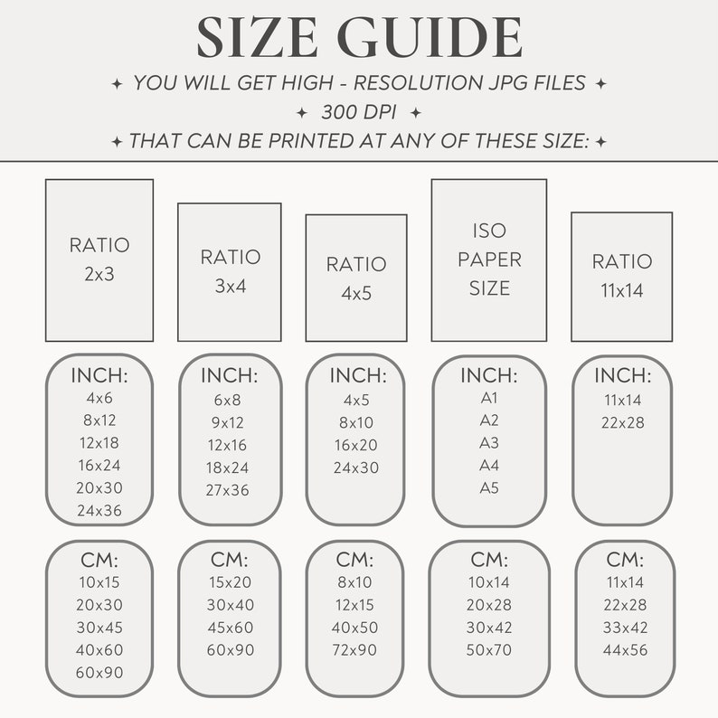 May include: A size guide for printing images at different ratios and sizes. The guide includes inch and centimetre measurements for various print sizes, including ISO paper sizes.