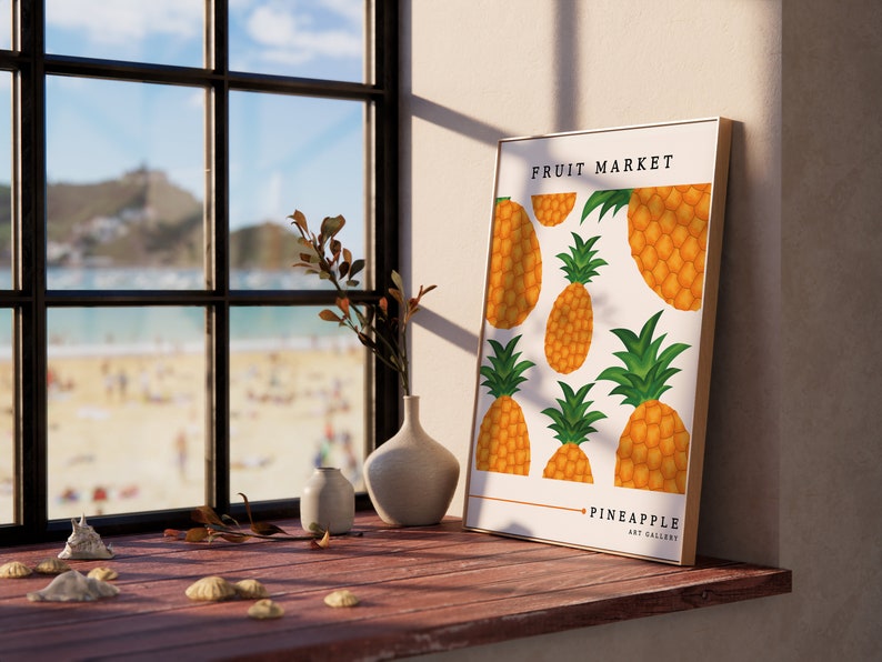 May include: A framed print with a white background and a pattern of yellow pineapples. The print has the text "Fruit Market" and "Pineapple Art Gallery" at the top and bottom.
