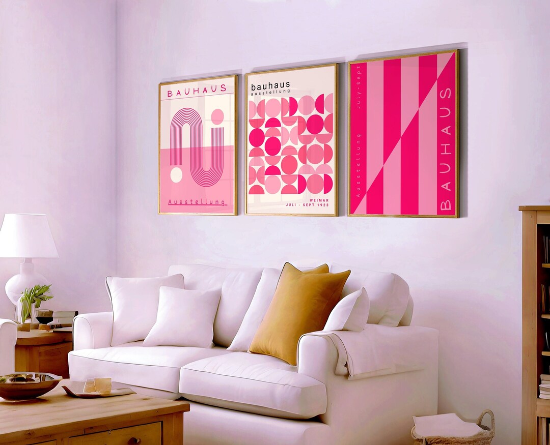 Pink Bauhaus Wall Art Set of 3, Bauhaus Poster, Gallery Wall Art Set ...