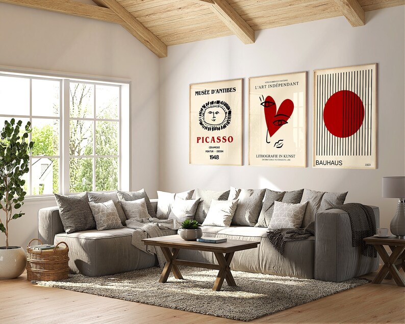 Picasso Exhibition Poster Set, Bauhaus Red Poster Prints (Digital Download) image 1
