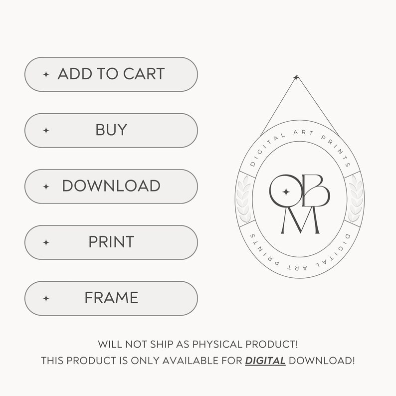 Puede incluir: Una impresi&oacute;n de arte digital con un logotipo que dice "Digital Art Prints" y "OBM" en un c&iacute;rculo con una corona alrededor. El texto "WILL NOT SHIP AS PHYSICAL PRODUCT! THIS PRODUCT IS ONLY AVAILABLE FOR DIGITAL DOWNLOAD!" est&aacute; debajo del logotipo.