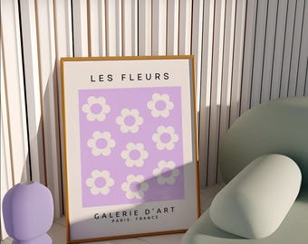 Póster de exposición de flores moradas, decoración retro para el hogar (arte mural imprimible)