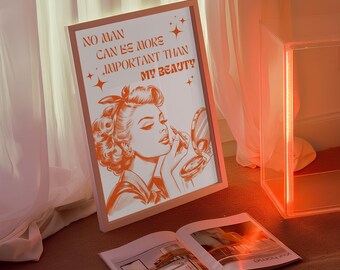 Lámina decorativa con cita sobre la belleza femenina de estilo retro, arte mural naranja (descarga digital)