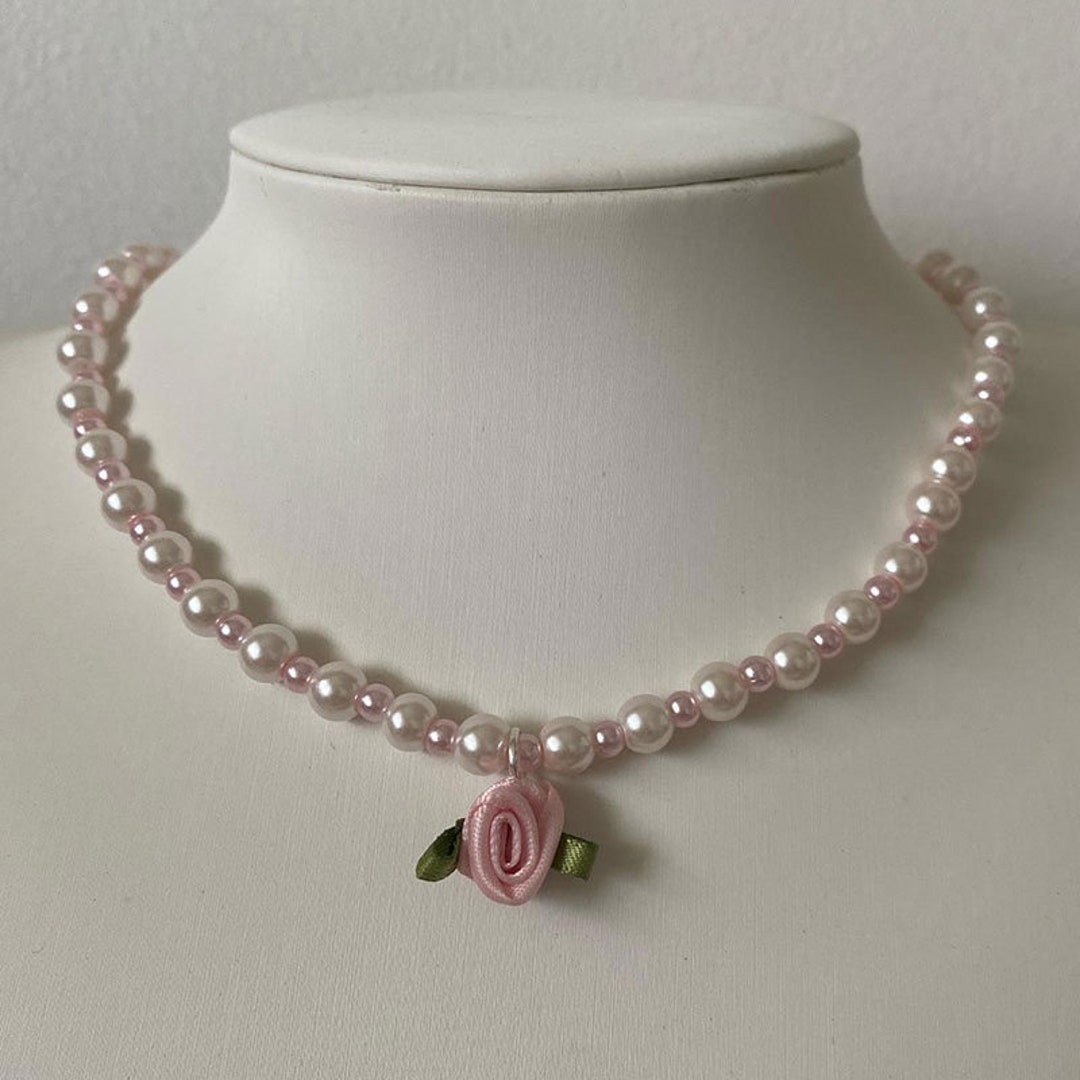 Rose Pearl Necklace Handmade Pearl Satin Rose Coquette Y2k - Etsy