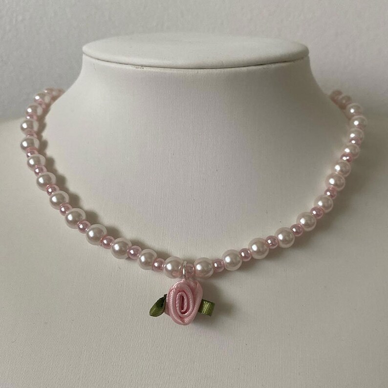 Rose Pearl Necklace Handmade Pearl Satin Rose Coquette Y2k Etsy