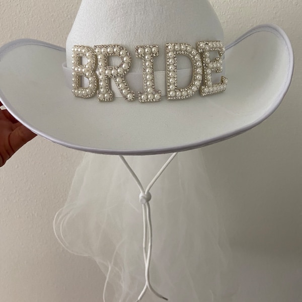 Cowboy Hat W/Veil and word BRIDE in front, Bridal Shower Veil, Cowboy Hat veil, Bachlorette Party Hat, Nashville Bach, Bling Pearl Bride