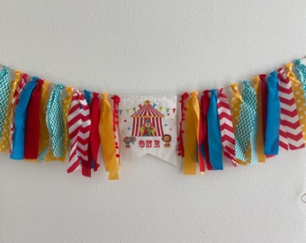 Circus Theme birthday high chair banner one Birthday banner fabric banner photo prop back drop 1st Birthday Party photo props