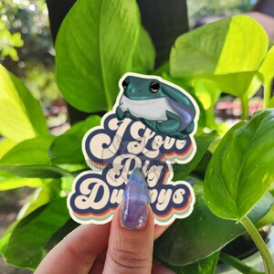 May include: A sticker featuring a teal frog with a white belly, perched atop text that reads "I Love Dumpy's" in a retro font. The sticker has a cream background with a rainbow stripe at the bottom. The sticker is held in front of green leaves.
