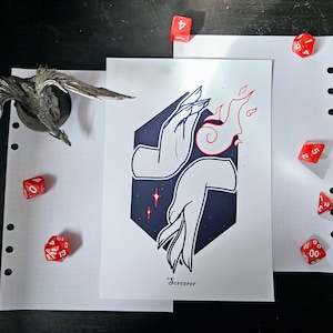 May include: A black and white illustration of two hands casting a spell with a red flame. The image is on a white background with the word "Sorcerer" at the bottom.
