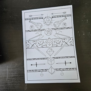 May include: A black and white printable coloring page featuring a variety of Dungeons and Dragons themed illustrations, including dice, swords, axes, a lute, and potion bottles.