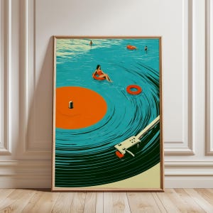 Väggkonst med vinylskiva, surrealistiskt skivspelare-tryck med hav, retro affisch med havsmusik, blågrön och orange