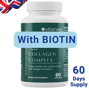 May include: A white bottle of "Premium Collagen Complex" capsules with the text "With BIOTIN". The bottle has a green label and includes the text "Helps maintain the health of skin and collagen formation." The bottle is labeled as a food supplement and contains 60 capsules.